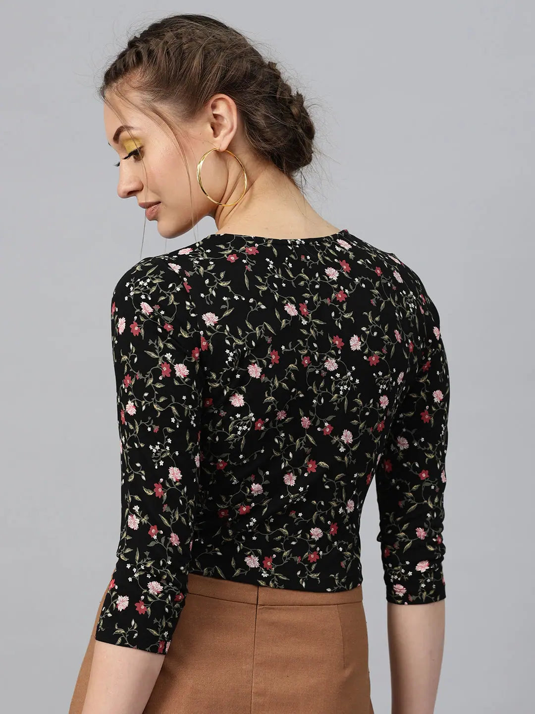 Black Floral Crop Top | Button-Front Viscose Jersey