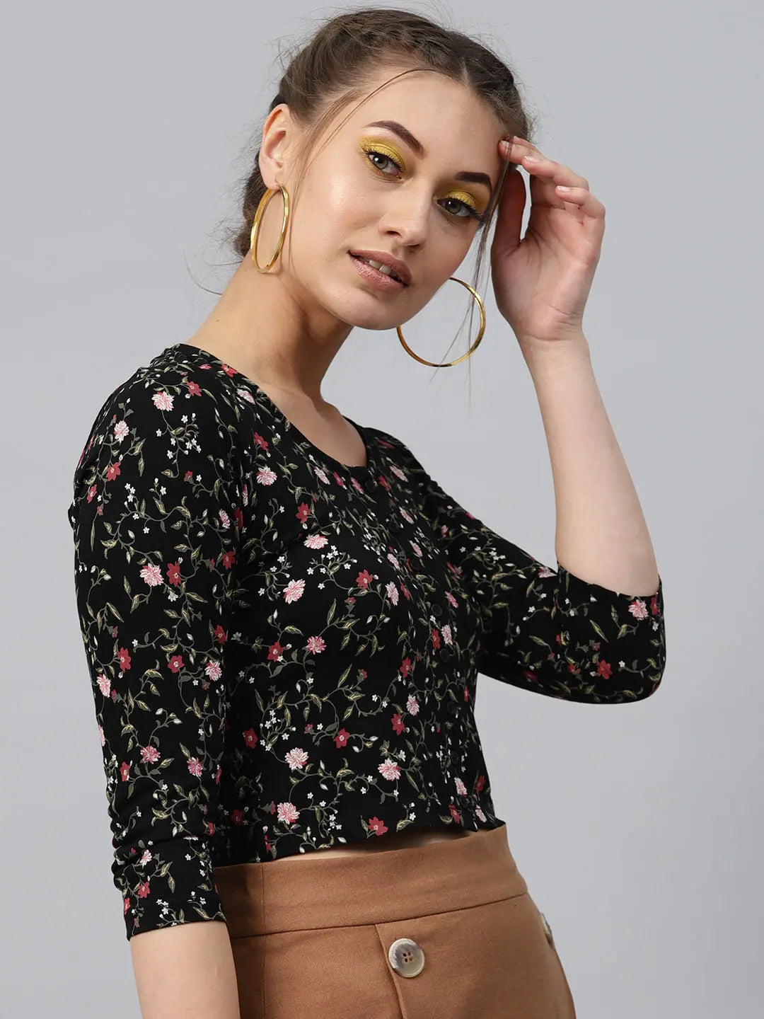 Black Floral Crop Top | Button-Front Viscose Jersey