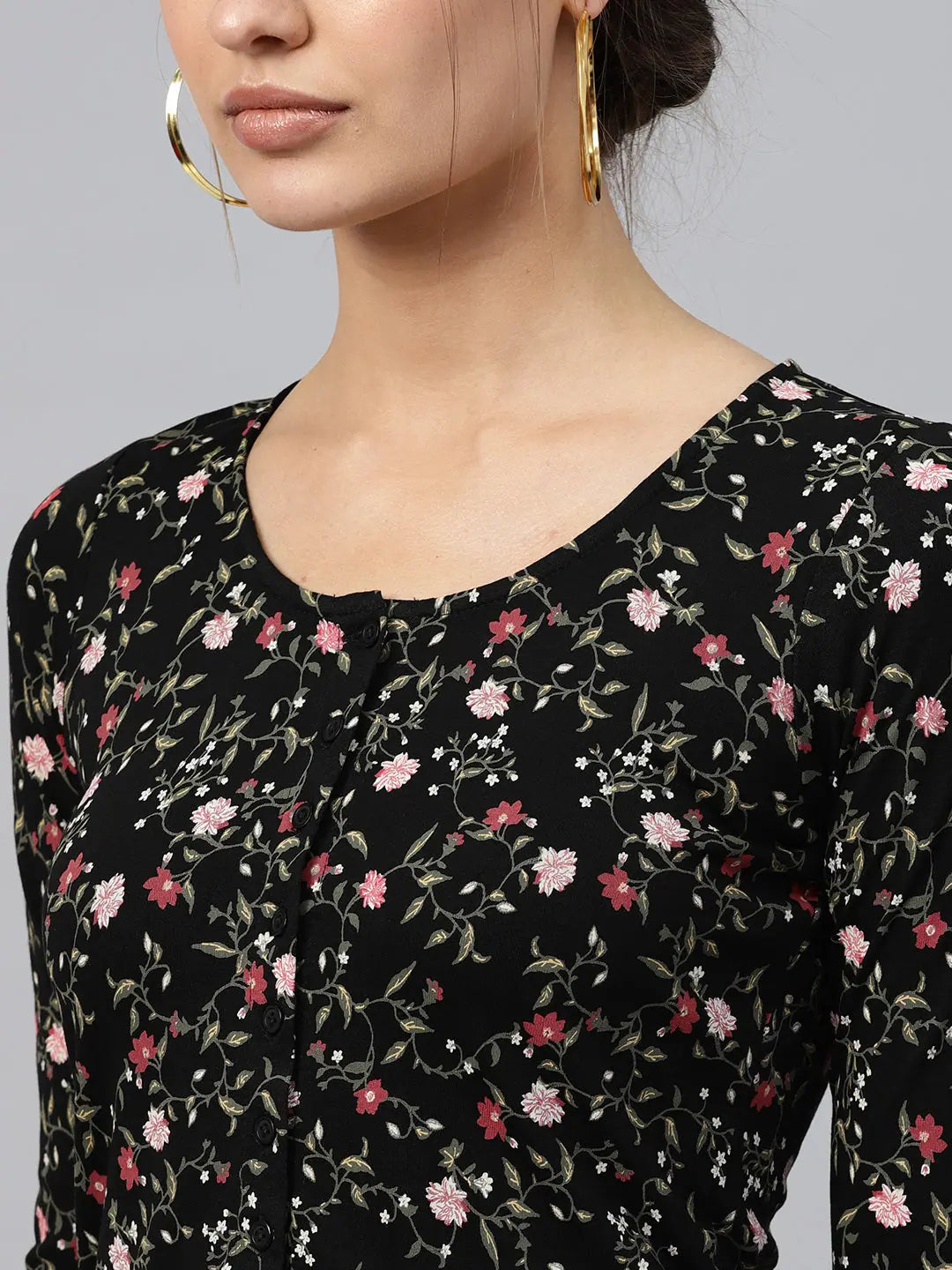 Black Floral Crop Top | Button-Front Viscose Jersey
