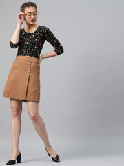 Black Floral Front Button Crop Top