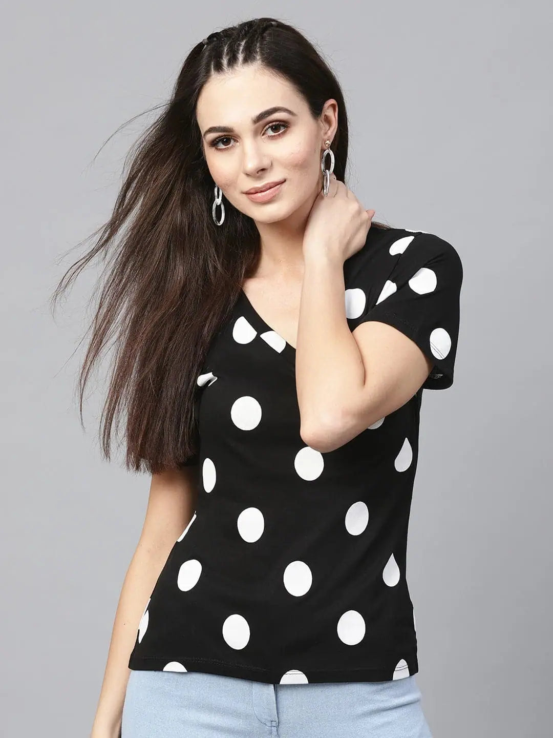 Black & White Polka V-Neck Tee - Viscose Spandex Fabric