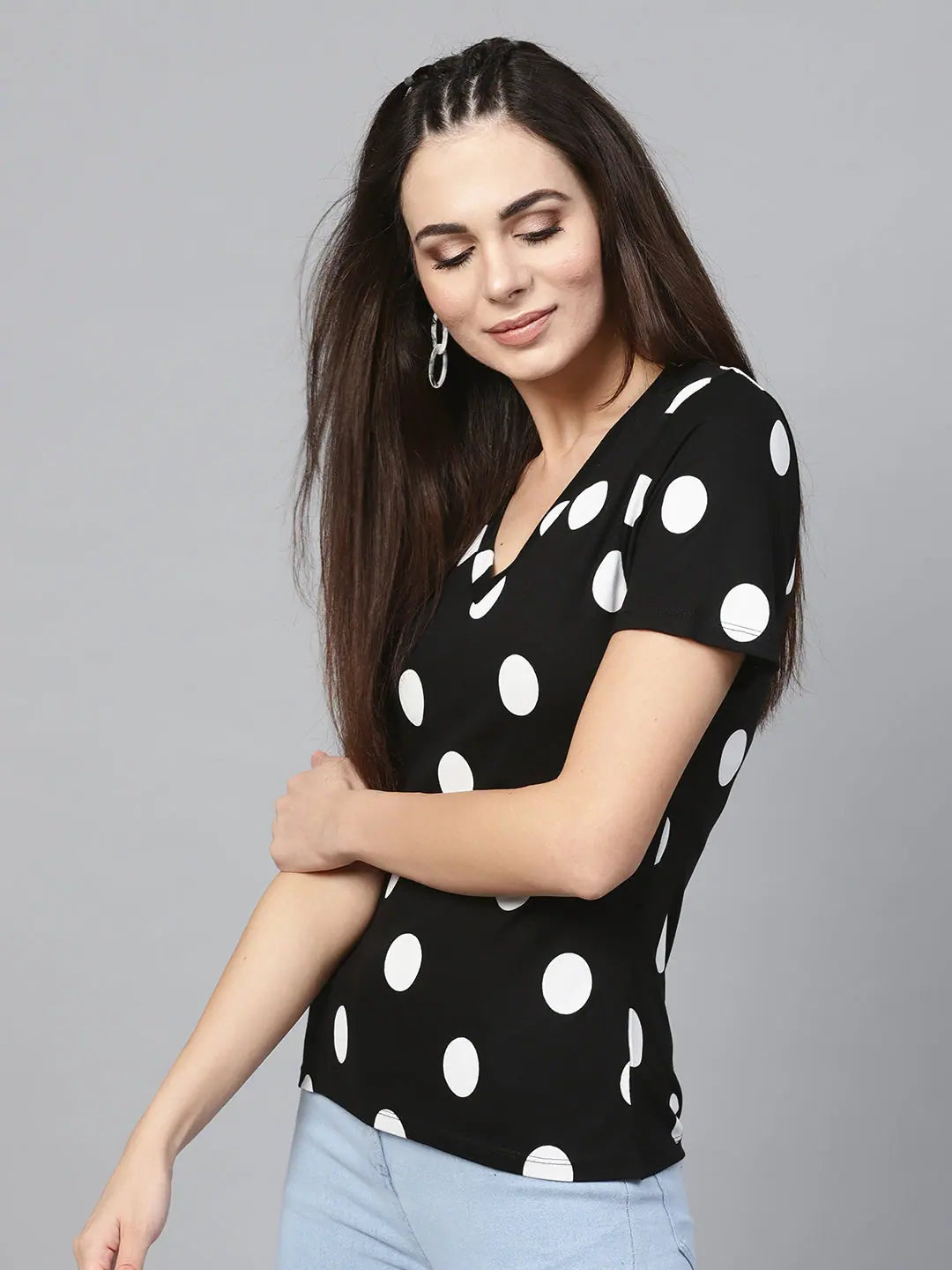 Black & White Polka V-Neck Tee - Viscose Spandex Fabric