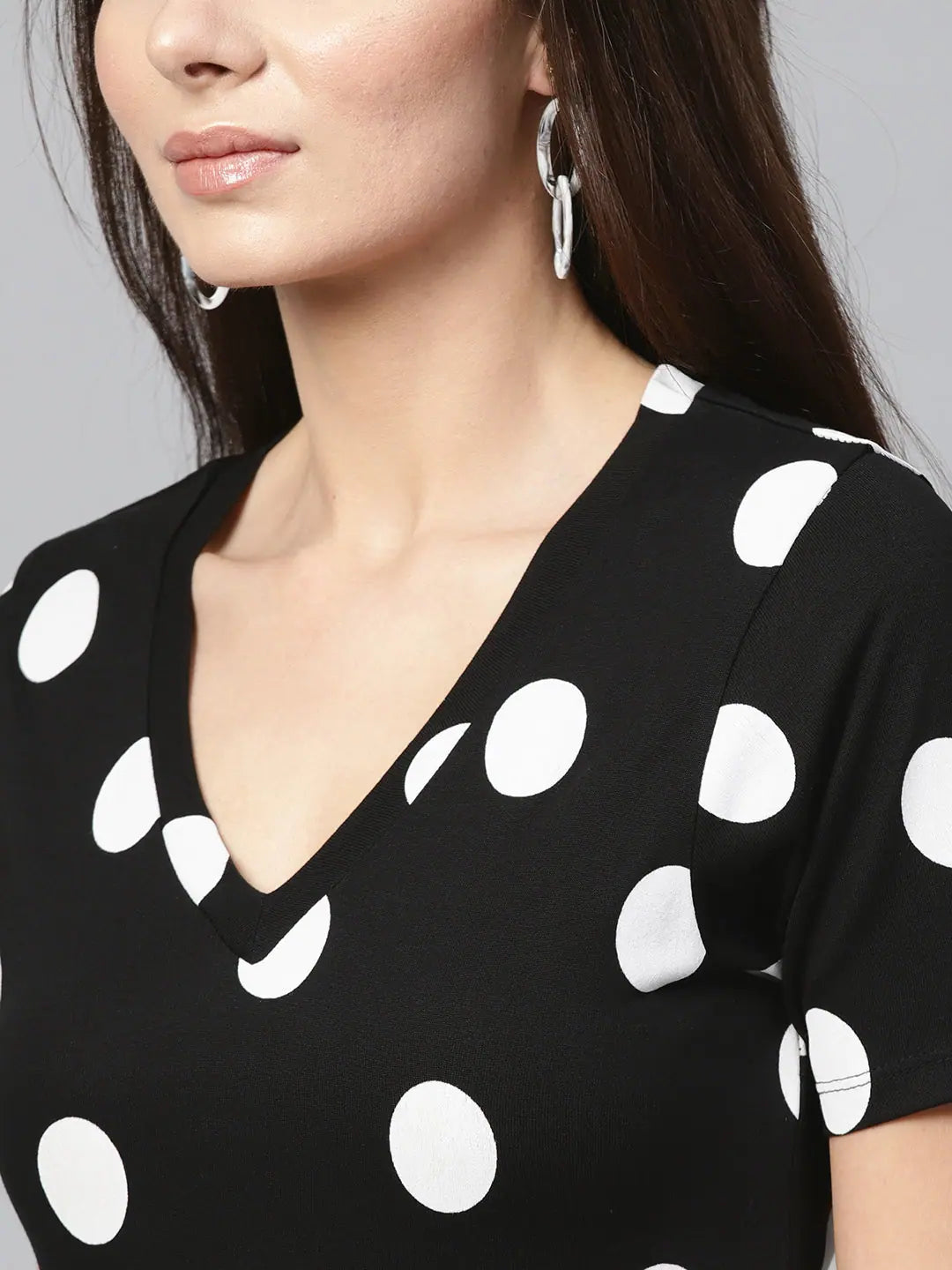 Black & White Polka V-Neck Tee - Viscose Spandex Fabric