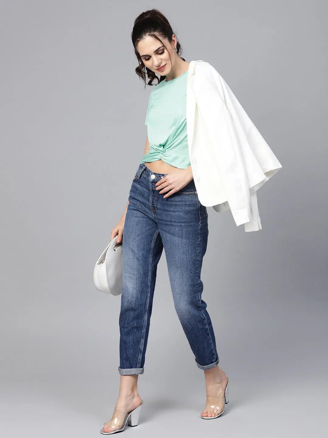 Mint Knot Hem Crop Tee - Viscose Spandex Fabric Comfort