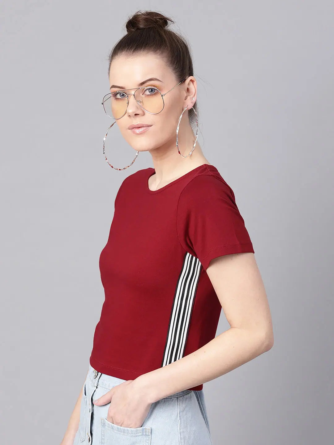 Maroon Crop Top - Athleisure Tape Detail Cotton Top