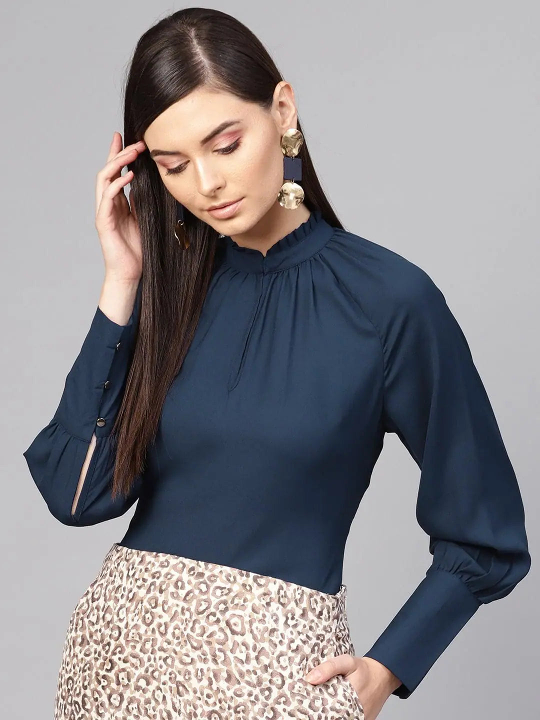 Navy Pleated Collar Top | Western Outfits for Women Online