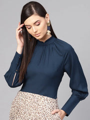 Navy Pleated Collar Top