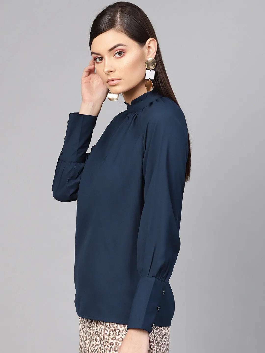 Navy Pleated Collar Top | Western Outfits for Women Online