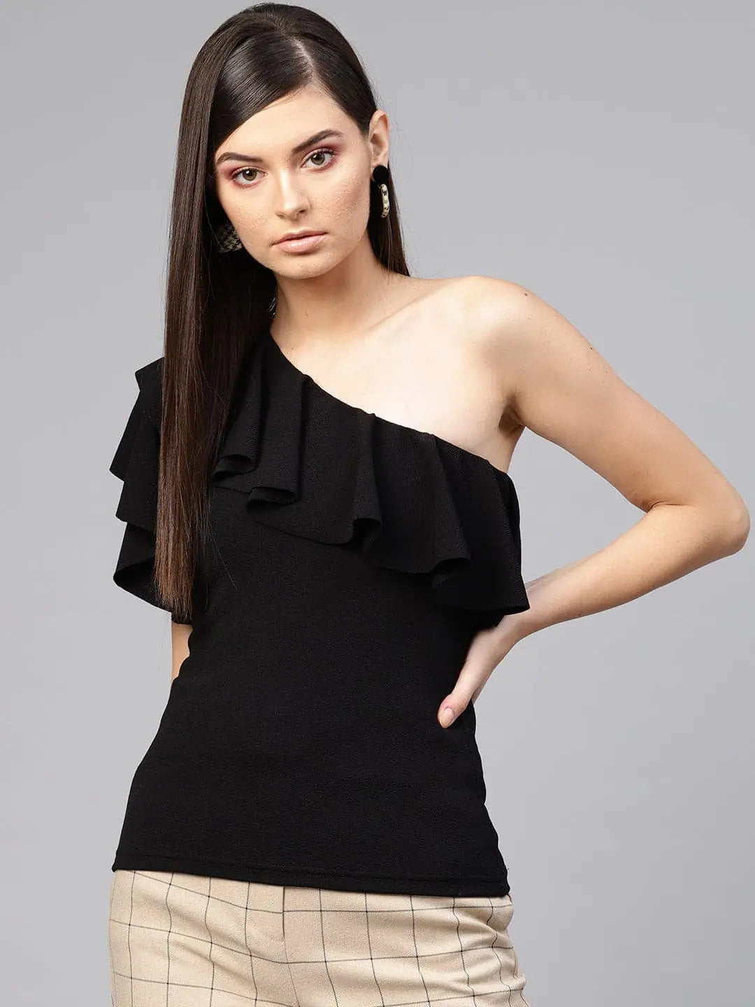 Black One Shoulder Ruffle Top - Stylish Women's Shirts