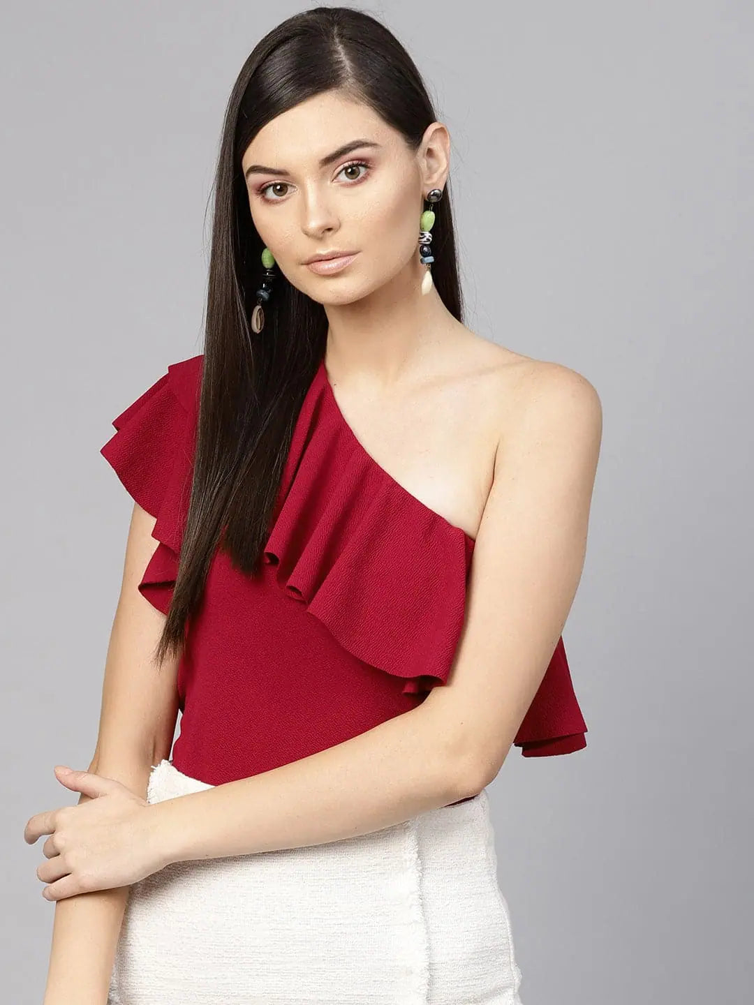 Maroon One Shoulder Ruffle Top | Women's Western Wear