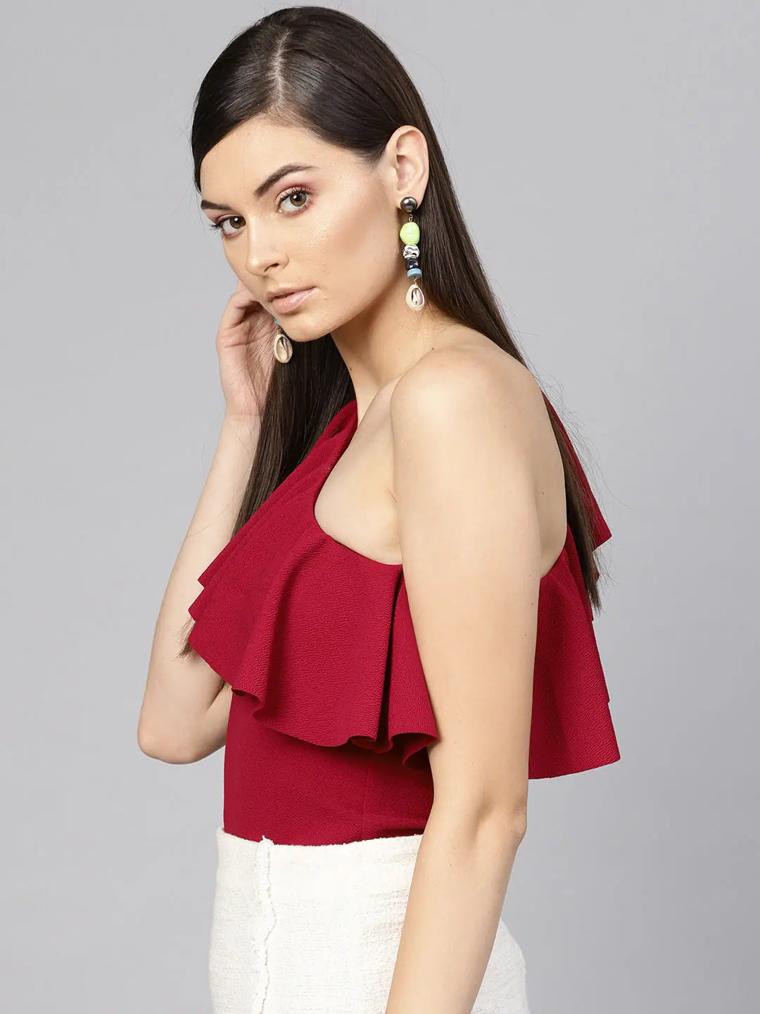 Maroon One Shoulder Ruffle Top | Women's Western Wear