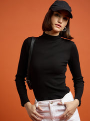 Women Black High Neck Rib Top-SFTOPS4719