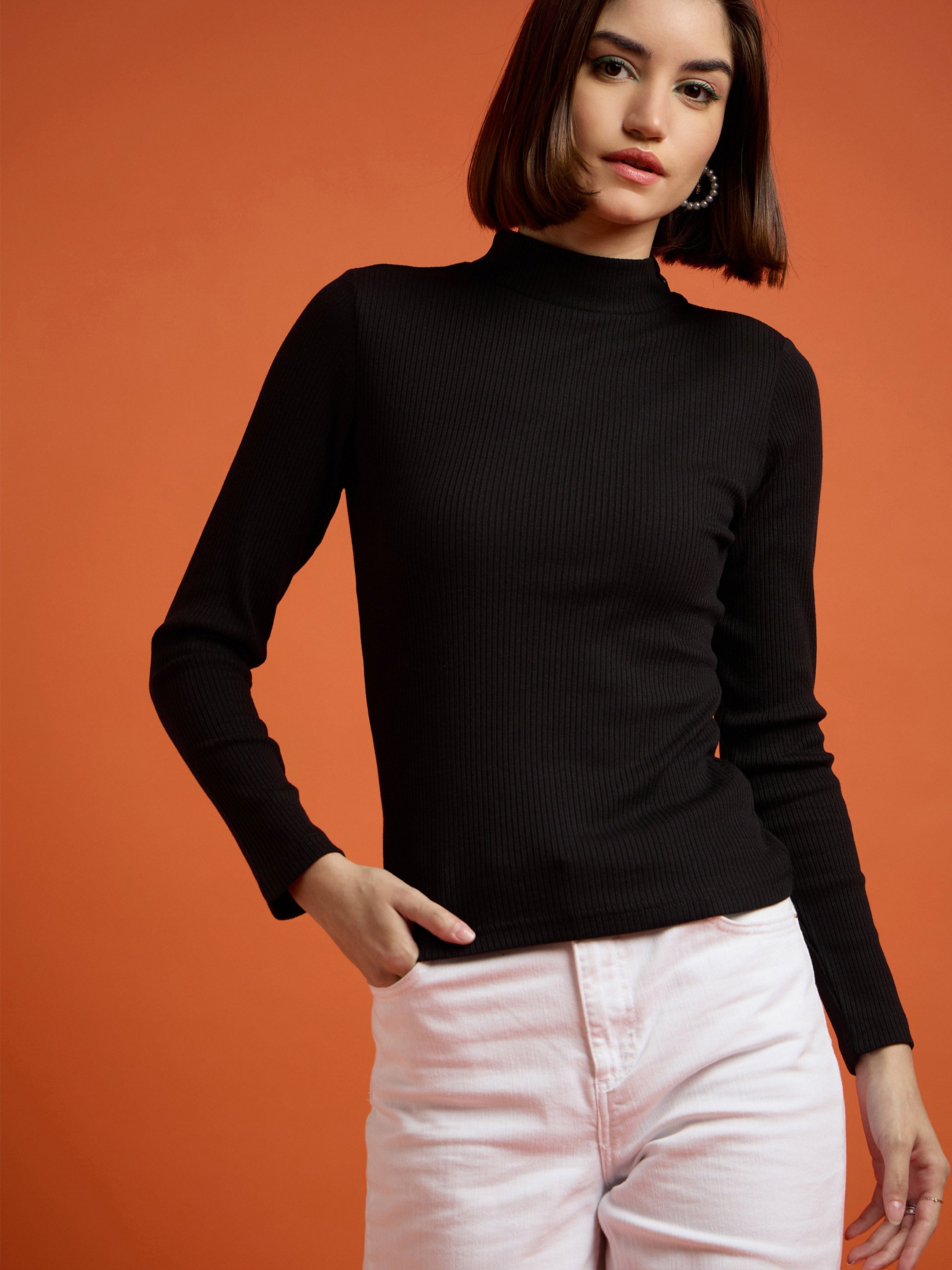 Women Black High Neck Rib Top-SFTOPS4719