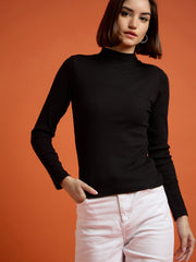 Women Black High Neck Rib Top-SFTOPS4719