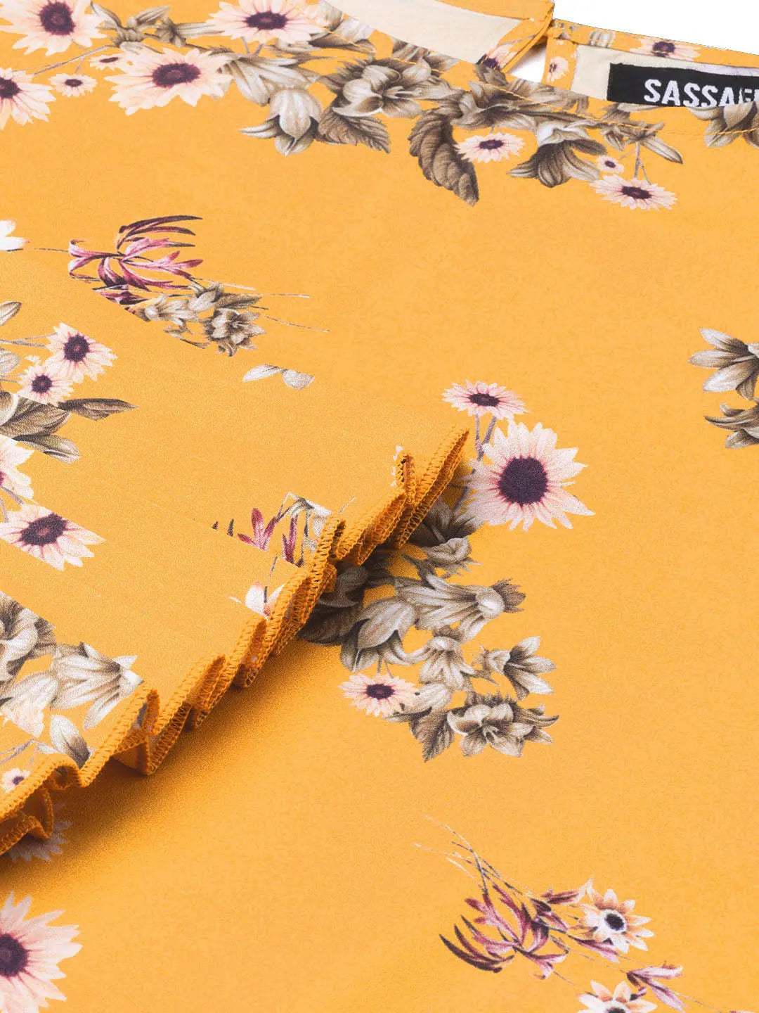 Mustard Floral Top - Pleated Sleeve Women's Designer Lehenga