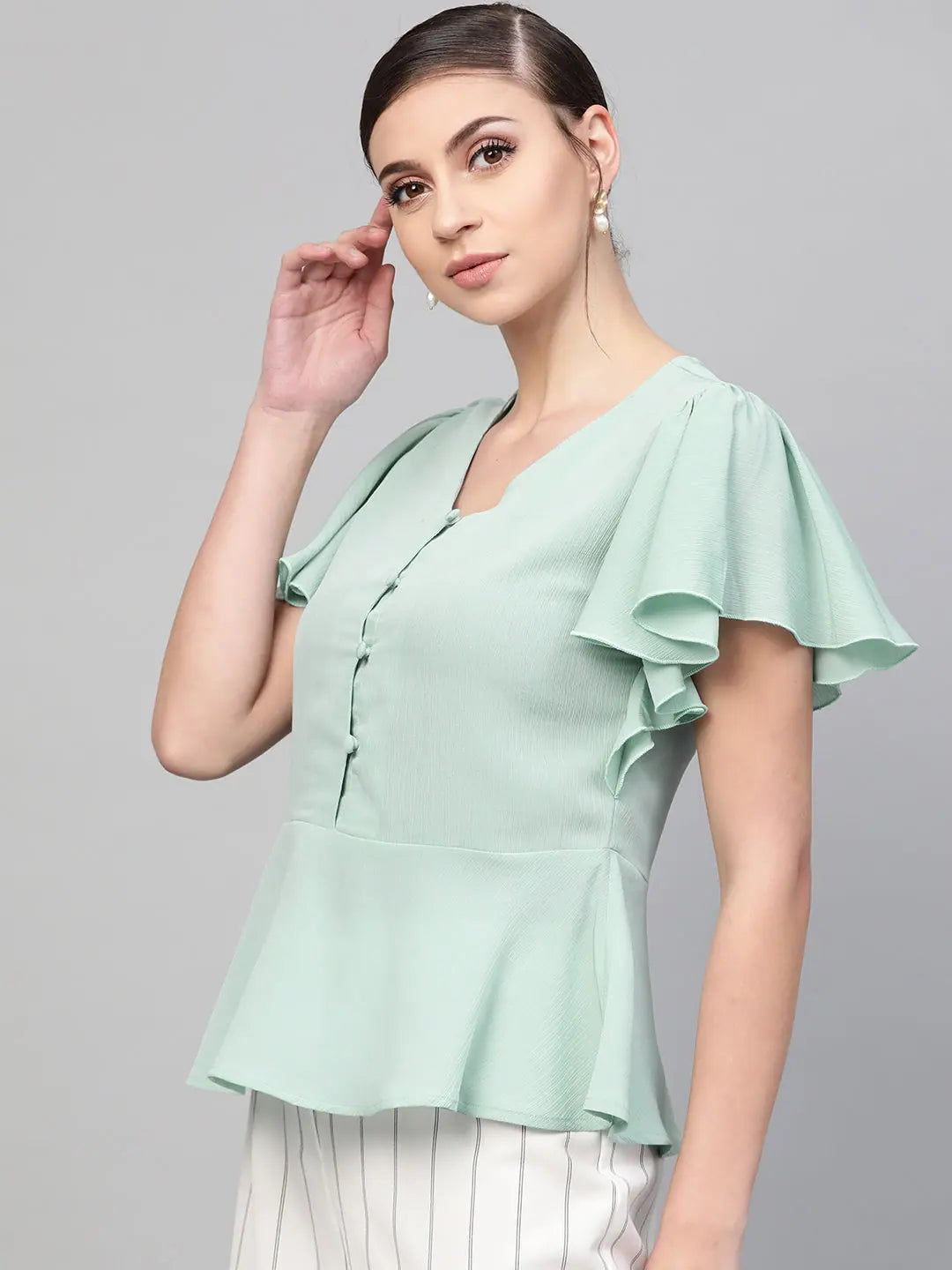 Sea Green Peplum Top - Front Button Detail