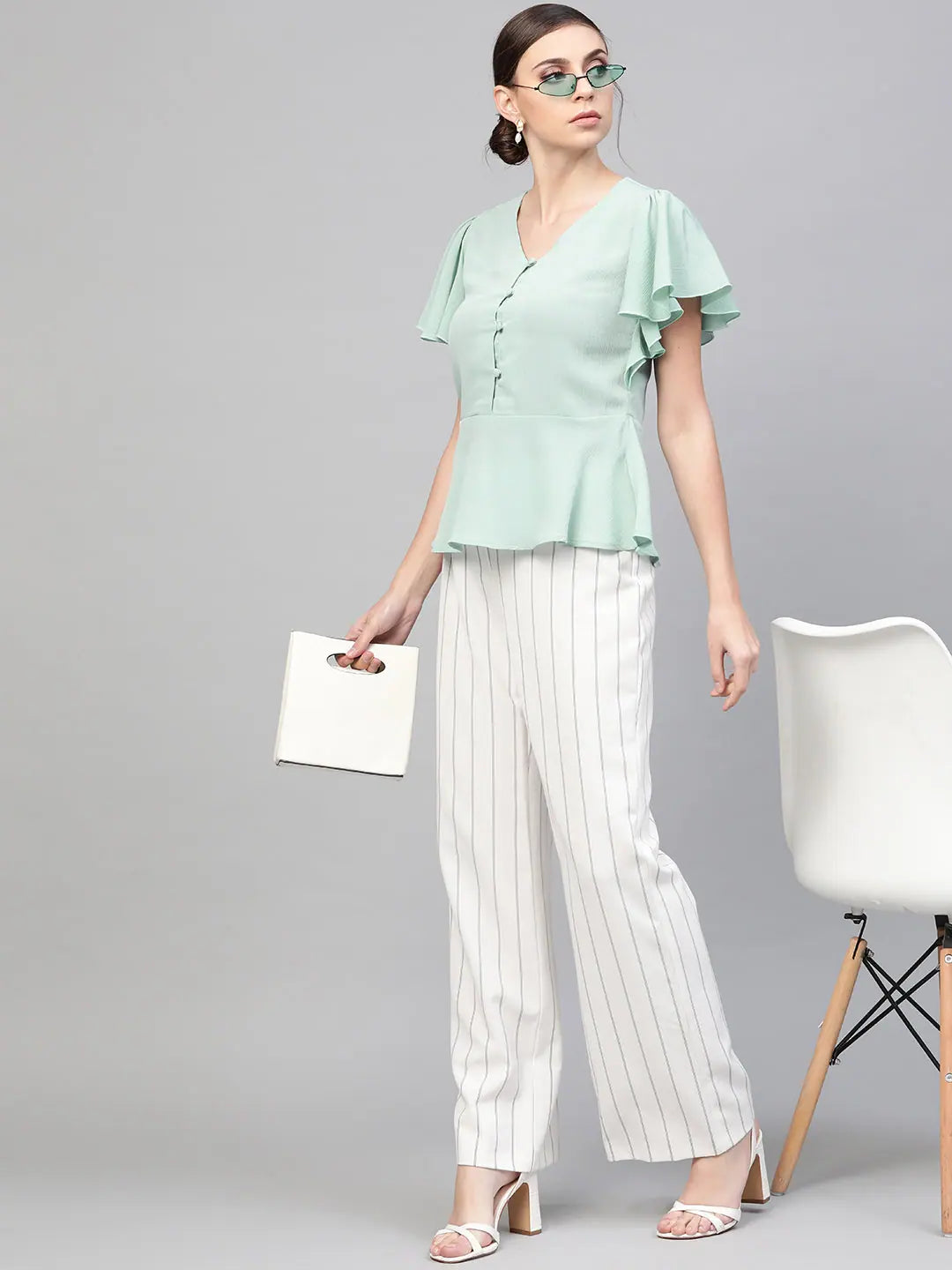 Sea Green Peplum Top - Front Button Detail