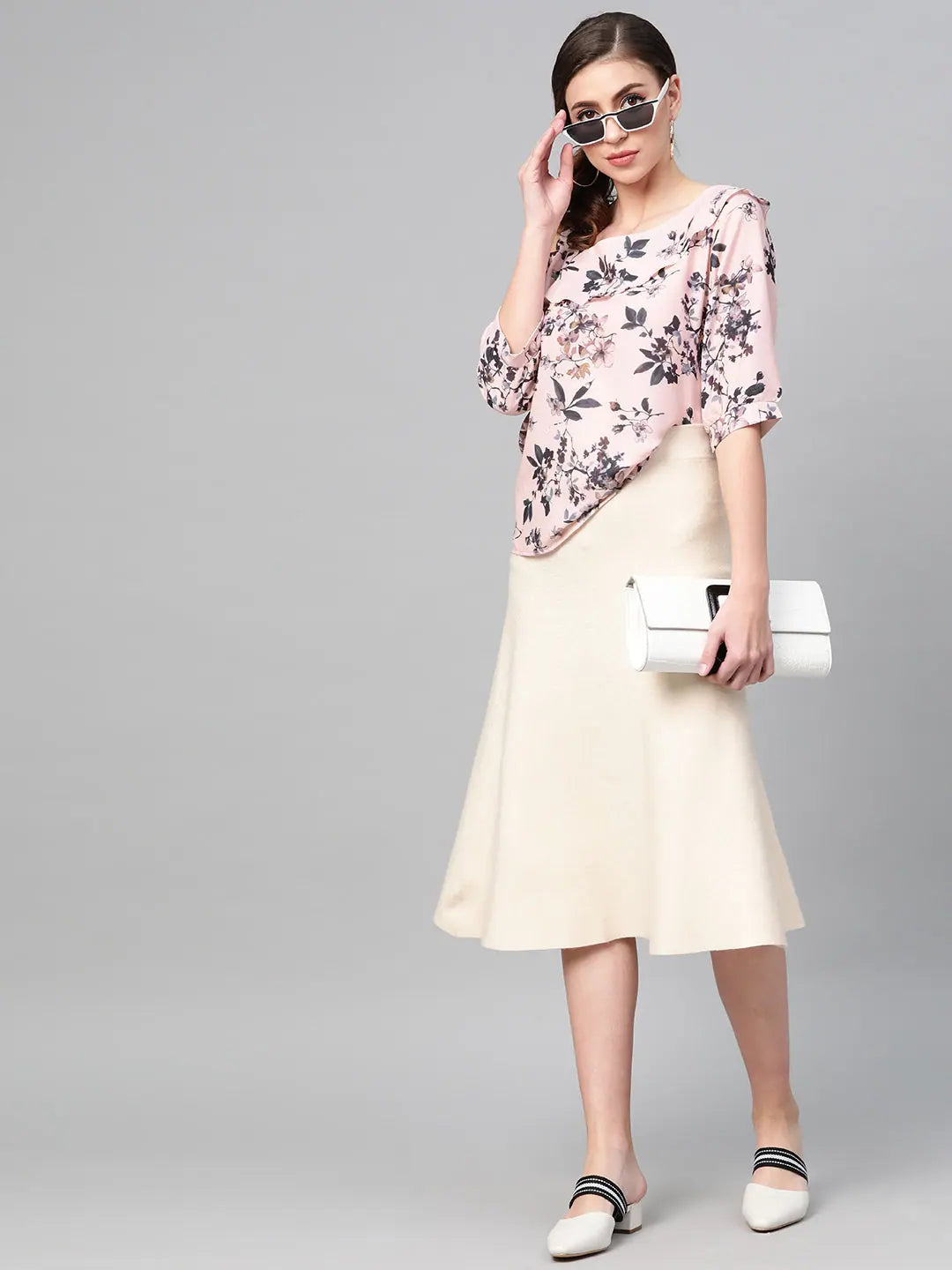 Pink Floral Top - One Strap Frill Detail