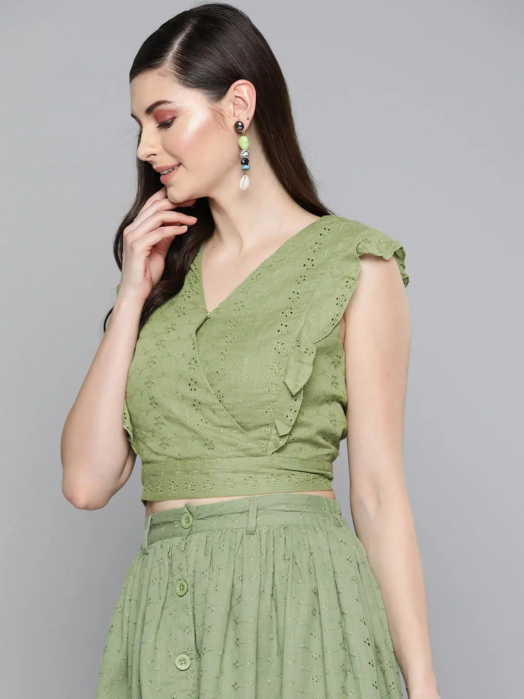 Olive Schiffli Wrap Crop Top | Cotton Comfort Fit