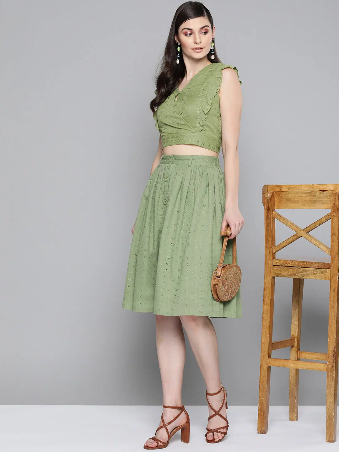 Olive Schiffli Wrap Crop Top | Cotton Comfort Fit