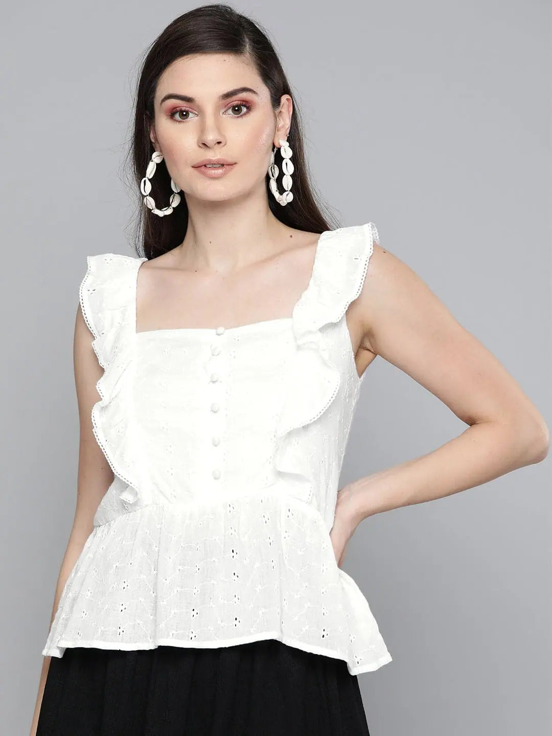 White Schiffli Peplum Top | Women's Cotton Comfort Fit