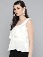 White Schiffli Button Peplum Top