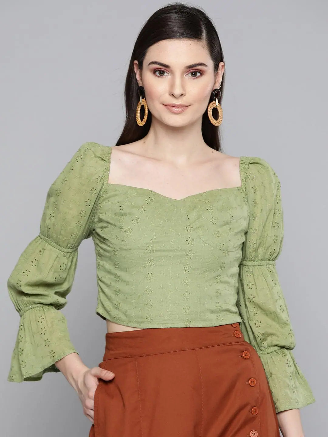 Olive Schiffli Crop Top | Women's Cotton Bishop Sleeve Top