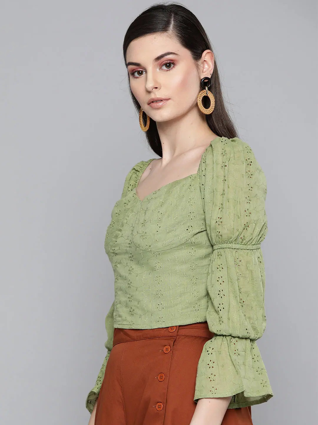 Olive Schiffli Crop Top | Women's Cotton Bishop Sleeve Top