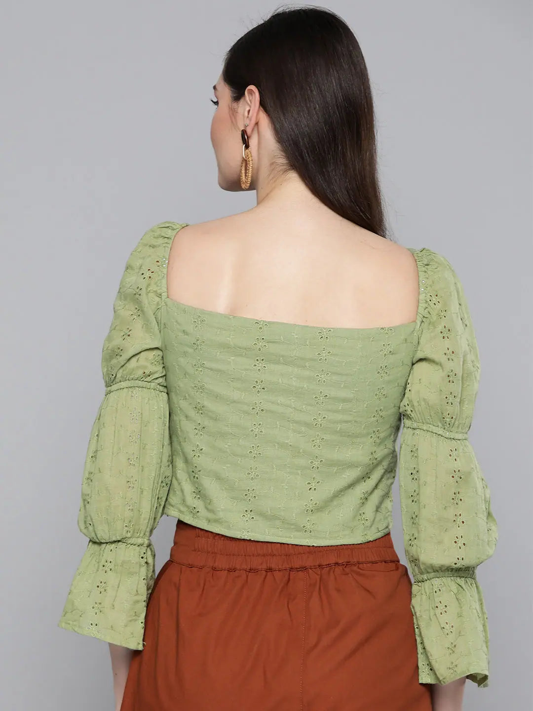Olive Schiffli Crop Top | Women's Cotton Bishop Sleeve Top