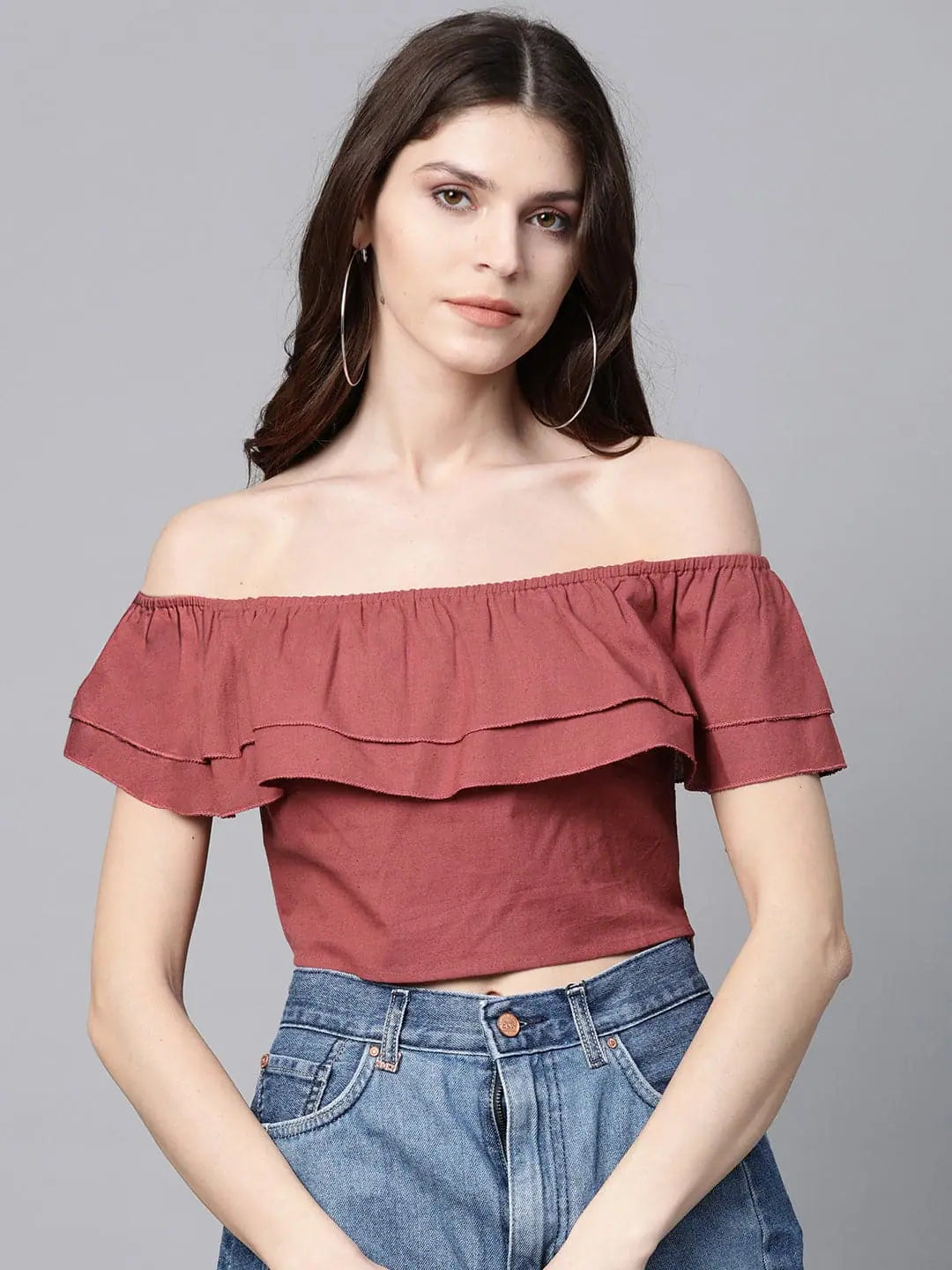 Burgundy Off Shoulder Crop Top - Women's Western Wear Outfits
