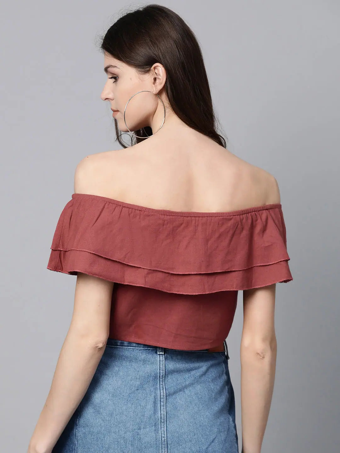 Burgundy Off Shoulder Crop Top - Women's Western Wear Outfits