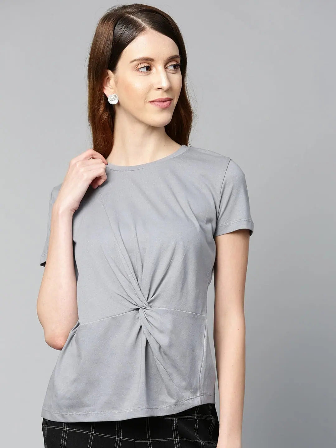 Grey Twisted Knot T-Shirt - Cotton Comfort Fit Women's Tee