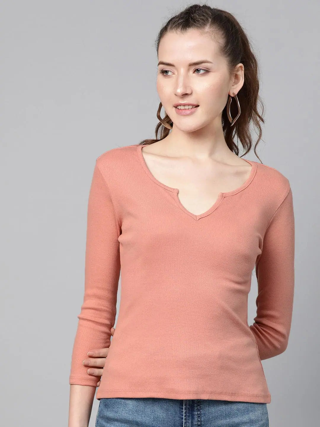 Peach Rib V-Neck T-Shirt - Slim Fit Cotton Tee for Women