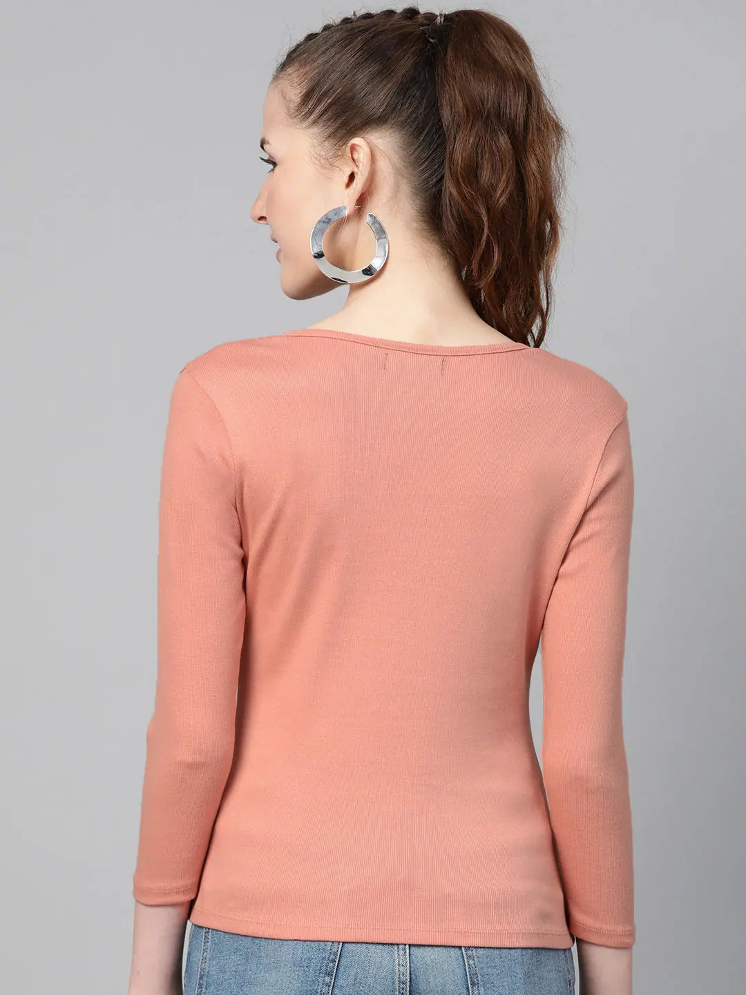 Peach Rib V-Neck T-Shirt - Slim Fit Cotton Tee for Women