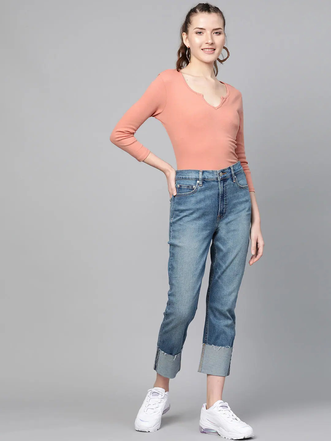 Peach Rib V-Neck T-Shirt - Slim Fit Cotton Tee for Women