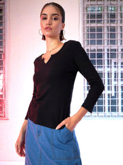 Women Black Rib V-Neck T-Shirt-SFTOPS4872