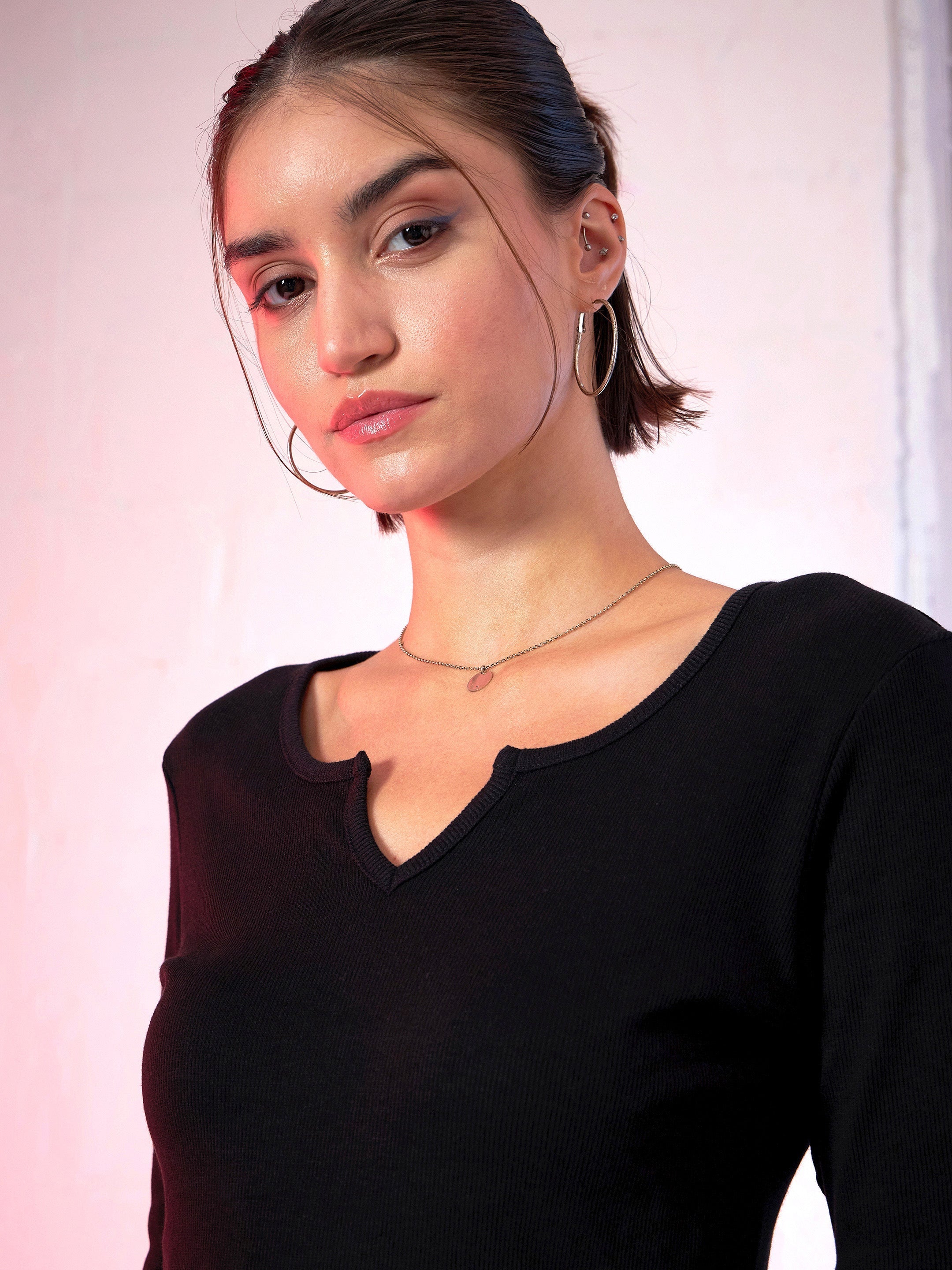 Women Black Rib V-Neck T-Shirt-SFTOPS4872