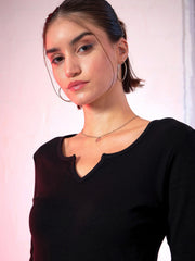 Women Black Rib V-Neck T-Shirt-SFTOPS4872
