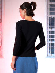 Women Black Rib V-Neck T-Shirt-SFTOPS4872