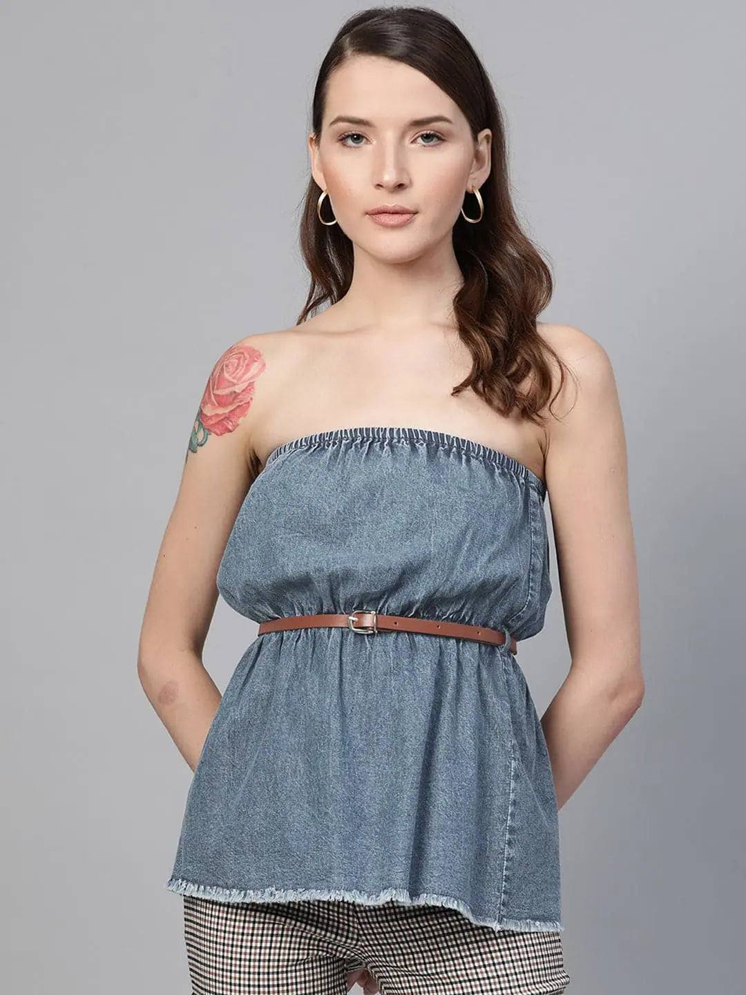 Blue Denim Acid Wash Tube Top | Women's Western Wear Style