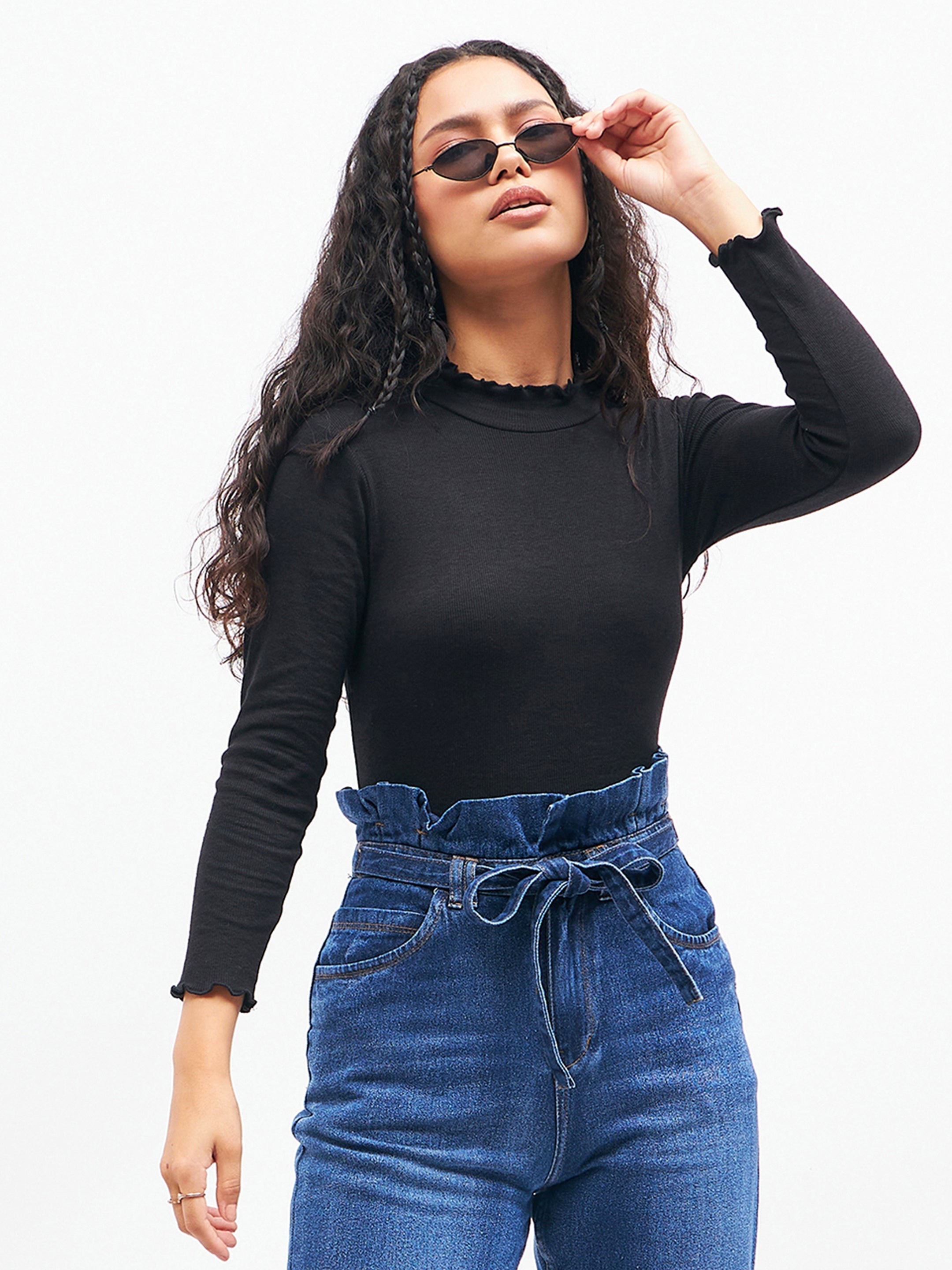 Women Black Rib High Neck Full Sleeve Top-SFTOPS4895