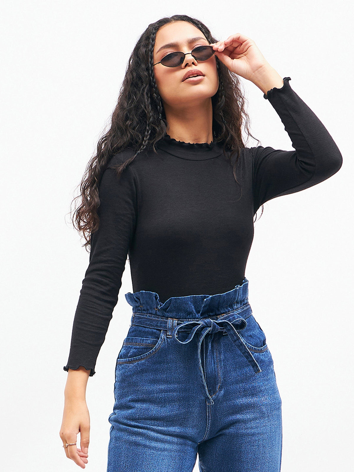 Women Black Rib High Neck Full Sleeve Top-SFTOPS4895