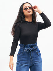 Women Black Rib High Neck Full Sleeve Top-SFTOPS4895
