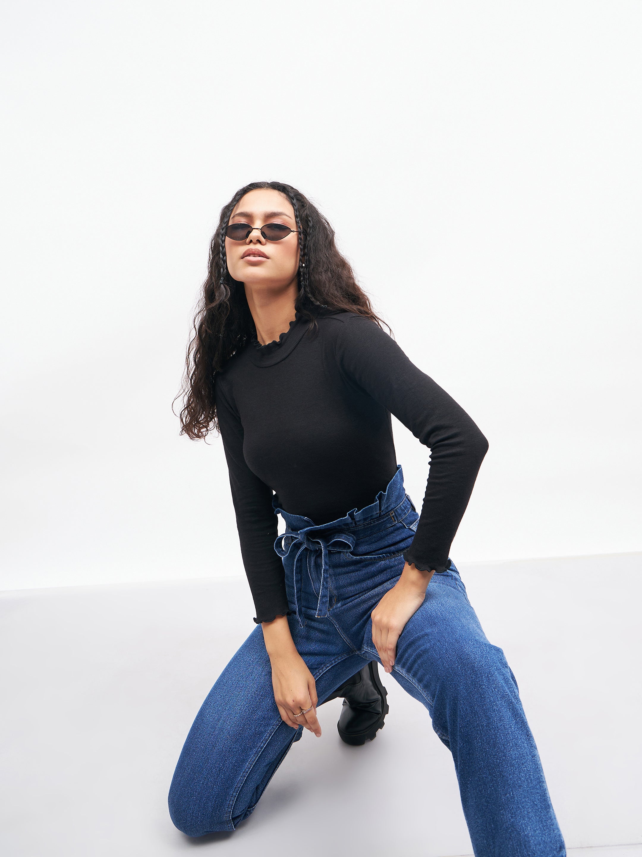 Women Black Rib High Neck Full Sleeve Top-SFTOPS4895