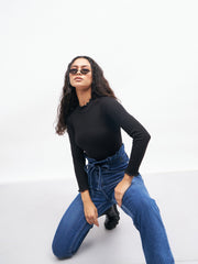 Women Black Rib High Neck Full Sleeve Top-SFTOPS4895
