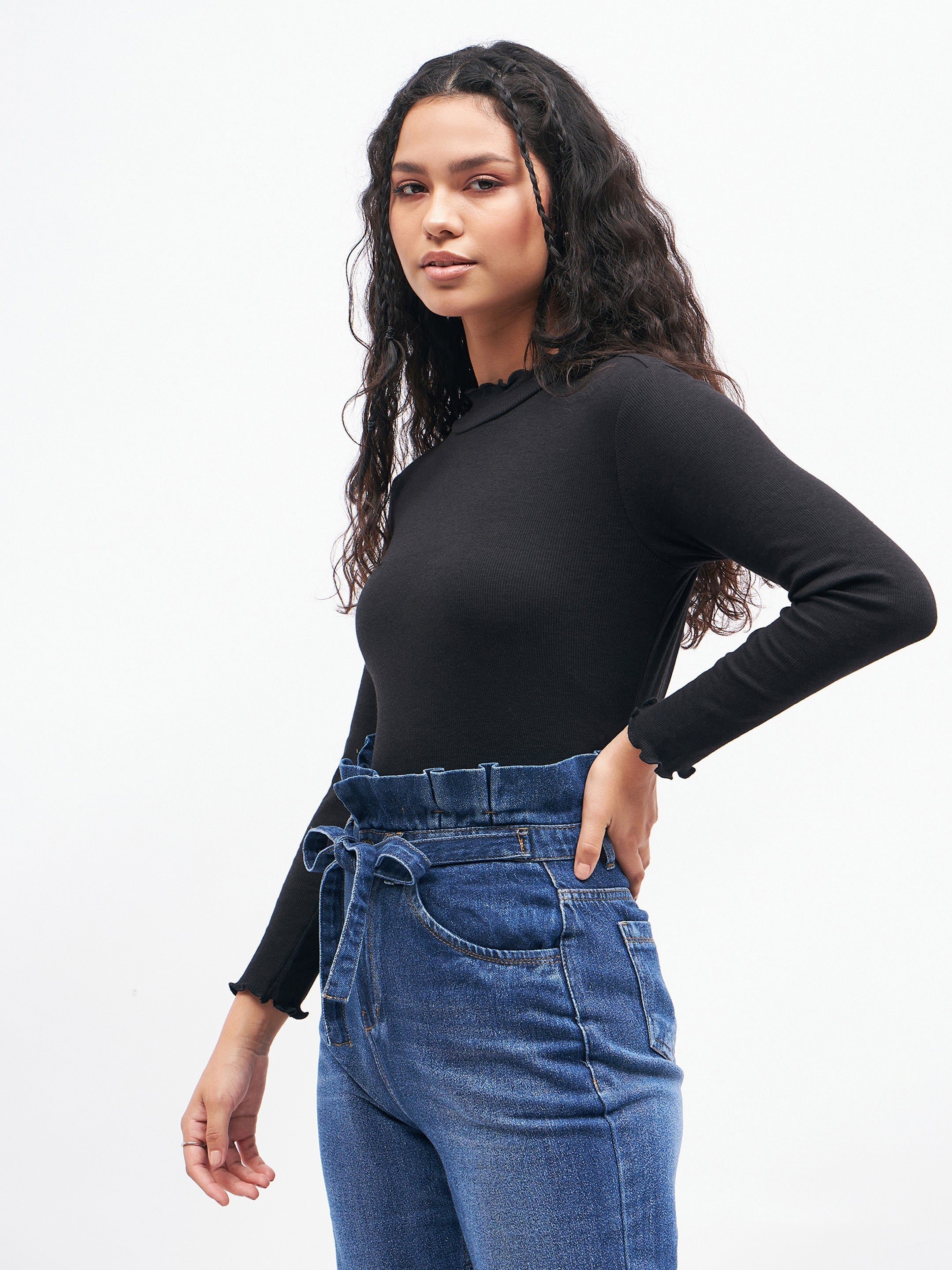 Women Black Rib High Neck Full Sleeve Top-SFTOPS4895