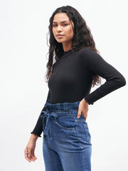 Women Black Rib High Neck Full Sleeve Top-SFTOPS4895