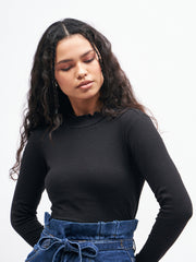 Women Black Rib High Neck Full Sleeve Top-SFTOPS4895