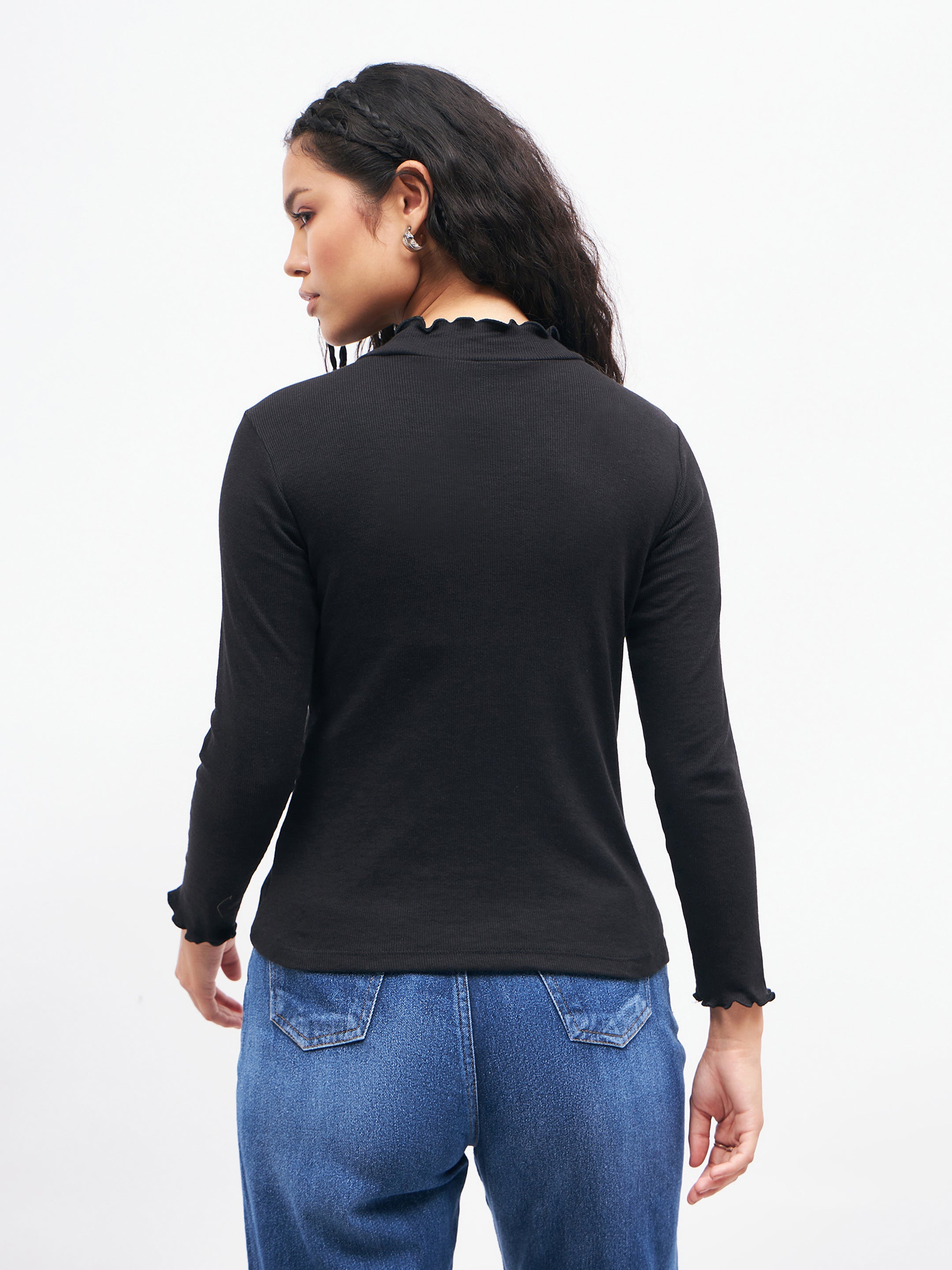 Women Black Rib High Neck Full Sleeve Top-SFTOPS4895