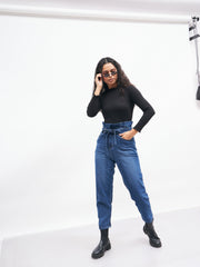 Women Black Rib High Neck Full Sleeve Top-SFTOPS4895